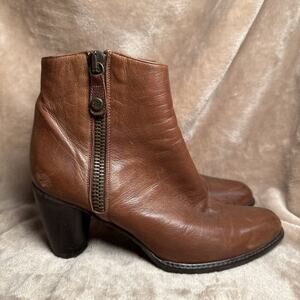 Stuart Weitzman‎ Ankle Boot Block Heel Cognac Brown Leather Bootie Women's Sz 6M